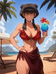 ai_generated amber_eyes avatar_the_last_airbender beach bikini cleavage clothing double_bun female female_focus female_only girls goth goth_girl hairbun hourglass_figure leggings long_hair looking_at_viewer mai_(avatar) noblewoman palm_tree pouty red_bikini sand sidelocks solo solo_female solo_focus standing sweatdrop sweaty sweaty_body sweaty_breasts swimsuit wide_hips