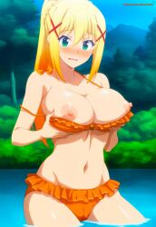 1girls 2025 ai_generated aikenoart arms_behind_back artist_name big_breasts bikini bikini_bottom bikini_top blonde_hair blonde_hair_female blue_eyes boob_grab boob_out breast_grab breasts breasts breasts_bigger_than_head breasts_out curvy darkness_(konosuba) eyelashes female female_only hourglass_figure huge_breasts kono_subarashii_sekai_ni_shukufuku_wo! mature_female midriff mommy navel nose orange_bikini ponytail posing seductive simple_background skindentation smile solo standing standing_in_water sweat thick thick_thighs tight_clothing underboob voluptuous water wet wide_hips