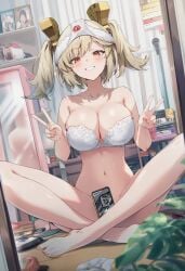 ai_generated big_breasts bottomless bra burnice_white feet mirror_reflection mirror_selfie panties_on_head peace_sign raaicave selfie_pose smiling zenless_zone_zero