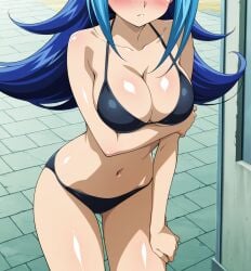 1girls ai_generated bikini blue_hair blush breasts closed_mouth female focus hi_res kamishiro_rio long_hair navel outdoors public red_eyes rio_kamishiro solo sweatdrop younger_female yu-gi-oh! yu-gi-oh!_zexal