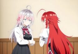 2girls ahoge ai_generated alisa_mikhailovna_kujou big_ass_(female) big_breasts blue_eyes blush crimson_hair_female crossed_bangs crossover crossover_ship crossover_shipping curvy_females demon_girl female females_only hair_ribbon high_school_dxd hourglass_figured_female huge_ahoge interspecies lesbians light-skinned_female long_hair_female looking_at_another loose_hair lovehuwu milky_white_skin red_ribbon rias_gremory russian_girl schoolgirl_uniform schoolgirls silver_hair_female sky_blue_eyes tokidoki_bosotto_russian_de_dereru_tonari_no_alya-san very_long_hair_female voluptuous_female wide_hipped_female yuri