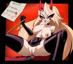 1boy 1girls black_choker black_gloves black_skirt blonde_hair blush blush_stickers body_fur bondage boots breasts chain_leash chains charlie_morningstar charlie_morningstar_(hazbin_hotel) choker clitoral_hood clothing collar collarbone colored_sclera colored_skin coolerinker cowgirl_position demon demon_girl demon_horns elbow_gloves english_language english_text female female femdom furry_female furry_with_non-furry gloves grin half-closed_eyes hazbin_hotel heart helluva_boss holding holding_leash horns imminent_penetration inker_comics inkershike interspecies large_breasts leash legwear long_hair makeup male miniskirt nipple_bar nipple_piercing nipples no_panties nude open_mouth penis piercing pussy receipt red_eyes red_horns red_sclera sex sharp_teeth shiny_clothes sitting_on_person smile solo_focus spread_legs straddling straight tail teeth text thigh_boots thighhighs tongue tongue_out topless vagina vaginal_penetration very_long_hair white_fur