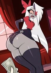 1girls ai_generated annoyed_expression ayyaai bedroom child_bearing_hips grey_body hazbin_hotel huge_ass lace-trimmed_panties lifting_skirt long_hair long_sleeves money prostitution silver_hair skirt solo_female stockings thick_thighs vaggie_(hazbin_hotel) wide_hips