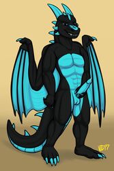 2017 anthro balls black_scales blazen cyan_scales dragon grin hi_res holding_penis horn male male_only masturbation may825 membranous_wings nude penile_masturbation penis precum scales scalie sharp_teeth simple_background solo standing tan_background teeth wings