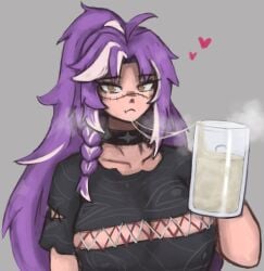 breasts choker cleavage cleavage_cutout cum cum_in_container cum_string drinking_cum frostwallart gokkun huge_breasts long_hair michi_mochievee purple_hair ring_eyes steam stitches two-tone_hair undead virtual_youtuber vshojo white_hair yellow_eyes