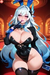 ai_generated animal_ears black_gloves black_leotard black_thighhighs blue_hair blush breasts bunny_ears bunnysuit card cleavage covered_navel curvy earrings fake_animal_ears female finger_to_mouth genshin_impact gloves hair_ornament heart highleg highleg_leotard jewelry large_breasts leotard lips lipstick long_hair long_sleeves looking_at_viewer makeup playboy_bunny playing_card rabbit_ears red_eyes skirk_(genshin_impact) smile solo tgv9173 thick_thighs thighhighs thighs wide_hips