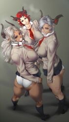 3futas ass balls balls_in_panties bandaid bimbo blue_hair breasts castanic cleavage curvy dagashiya dark_skin decensored demoness elzikyuchi erect_nipples erection erection_under_clothes erection_under_skirt futa_on_futa futa_only futanari grin hair horns huge_breasts intersex konbuni kouin_n large_ass long_hair looking_at_viewer necktie_between_breasts nipple_bulge nipples panties panty_bulge penis penis_out penis_under_clothes penis_under_skirt penises_touching photoshop pointy_ears red_hair school_uniform serafuku shirt shoes short_hair skirt skirt_lift smile socks standing sweater tera tera_online threesome tie uncensored video_games white_hair