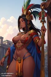 1girls ai_generated aztec black_hair blue_eyes breasts dark-skinned_female long_hair nipples tribal