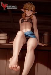 1boy 2d ai_generated ass barefeet big_ass crossdressing crossdressing_male erection erection_under_clothes erophoenix feet full_body link looking_at_viewer looking_back male male_focus navel nude otoko_no_ko pale_skinned_male patreon_username pointy_ears skirt smile soles solo solo_male sweat the_legend_of_zelda thick thick_thighs toes uncensored