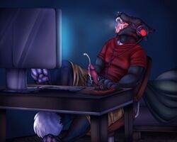 anthro bedroom canine computer desk glasswalker grey_background male mammal masturbation orgasm pawpads simple_background video_games wolf