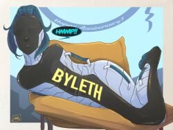 bdsm_gear blindfolded bondage bondage byleth_(fire_emblem) byleth_(fire_emblem)_(female) encasement female fire_emblem fire_emblem:_three_houses gagged handles latex latex_hood name_tag nintendo pgratedslasher sleeping_bag straitjacket