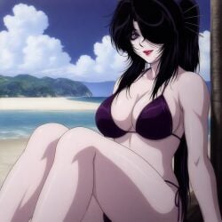 1girls basilisk_(manga) beach bikini black_hair breasts hair_over_one_eye kagerou_(basilisk) large_breasts looking_at_viewer on_side pale-skinned_female pale_skin ponytail purple_eyes smile smiling_at_viewer tied_hair