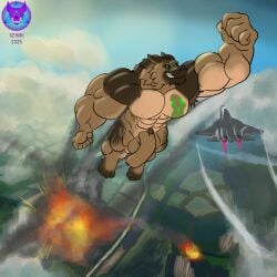aircraft airplane anthro armpit_hair big_muscles big_penis black_sclera body_hair canid canine canis cloud destruction domestic_dog explosion flaccid genitals german_shepherd green_eyes grin grinning_at_viewer herding_dog hi_res huge_muscles in_the_air jet male mammal muscular nude pastoral_dog penis seinki smile smoke solo vehicle