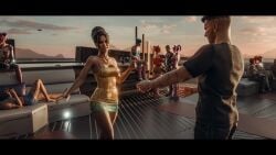2025 3boys 3d 6+girls brown_eyes brown_hair bun_hair clothed clothed_female cyberpunk_2077 detailed_background duo_focus ecksoh eyeshadow fit fit_female freckles freckles_on_face glitter_dress grand_theft_auto_vi light_makeup long_hair looking_at_partner lucia_caminos_(cosplay) makeup necklace no_nude no_nudity non-nude non_nude open_smile outdoors panam_palmer short_dress skimpy skimpy_dress smile spaghetti_strap standing teeth_showing tied_hair tight_clothing tight_dress walking walking_towards_partner