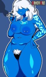2025 2d belly big_belly big_breasts blue_body blue_skin breasts curvy curvy_female curvy_figure curvy_hips curvy_thighs daken_art(artist) daken_henderson(artist) desdemona_(fortnite) epic_games fanart fortnite fortnite:_battle_royale grey_hair niples piercing piercings pubic_hair simple_background smoke smoking tattoo thick_ass thick_thighs