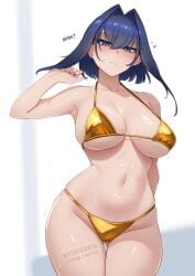 1girls bikini blue_eyes blue_hair female female_only gold_bikini hololive hololive_english hololive_english_-council- hololive_english_-promise- light-skinned_female light_skin myth1c myth1carts ouro_kronii solo