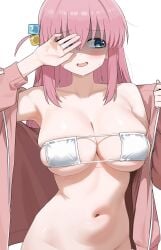 absurdres armpits bare_shoulders bikini blue_eyes blush bocchi_the_rock! bottomless breasts covering_one_eye cube_hair_ornament eyepatch_bikini female gotoh_hitori hair_between_eyes hair_ornament highres jacket large_breasts long_hair long_sleeves navel one_side_up open_clothes open_jacket open_mouth opened_by_self partially_shaded_face pink_hair pink_jacket shenqi_xiaohuang shy simple_background skindentation solo stomach swimsuit upper_body white_background white_bikini