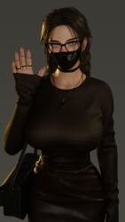 1girls 3d 3d_(artwork) amulet bag black_choker black_glasses black_heels black_mask black_shoes blender blender_eevee braid braided_hair braided_ponytail braided_twintails braids breasts brown_hair brown_skirt brown_socks brown_sweater choker covering_mouth cute ear_piercing earrings face_mask facemask female female_focus female_only fully_clothed glasses green_eyes handbag heels high_heels horny_female huge_ass huge_breasts latex_mask leather_bag lip_piercing lip_ring long_socks looking_at_viewer lots_of_jewelry mask necklace nose_blush nose_piercing nose_ring original_character osimai pencil_skirt ring ring_piercing runa_(osimai) sitting socks stockings sweater tall_girl thigh_highs thighhighs thought_bubble tight_clothing tight_skirt tight_sweater twintails variant