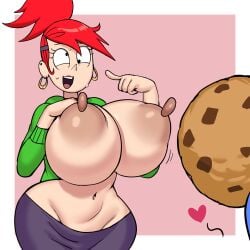 1girl 1girls almost_naked areola areolae belly_button big_areola big_areolae big_breasts big_nipples black_choker black_ear_piercing black_eyes breasts breasts_bigger_than_body breasts_bigger_than_head breasts_bigger_than_torso breasts_out breasts_out_of_clothes cookie cross_eyed curvaceous curvy curvy_body curvy_female curvy_figure ear_piercing earring earrings female foster's_home_for_imaginary_friends frankie_foster green_sweater grey_impact heart hoop_earrings huge_breasts imaginary_frankie lifting lipstick looking_at_another looking_at_breasts movement_lines nipples nipples_outside open_mouth perky_nipples pink_background pink_lipstick pointing_at_self ponytail red_hair revealing_clothes short_ponytail sweat sweatdrop sweater sweater_lift sweating sweaty tits_out very_wide_hips white_background white_shirt wide_hips yellow_earrings