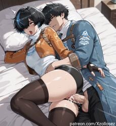 1girls ahe_gao ai_generated bangs black_legwear coat female guilty_gear guilty_gear_strive hair_ornament hair_over_one_eye jacket large_breasts multicolored_hair patreon patreon_username pillow red_eyes sex shirt short_hair shorts spooning stockings thighhighs unika_(guilty_gear) xzollosez
