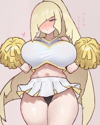 1girls belly_button big_breasts black_panties blonde_hair blush breasts cheerleader cheerleader_outfit cheerleader_uniform female female_only game_freak green_eyes hair hair_over_one_eye heart heart hips huge_breasts long_hair lusamine_(pokemon) mature mature_female mature_woman milf mother motion_lines panties peace_peace009 pokemon pokemon_sm pom_poms ponytail short_skirt skirt solo solo_female thighs very_long_hair white_skirt