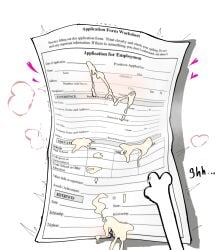 2d cum cum_on_paper cum_outside female heart job_application meme objectophilia paper_(object) pussy scary shaking shh tagme