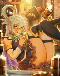 1boy 2girls aqua_(konosuba) ass bar_(place) beer_mug black_thighhighs blue_eyes blue_hair blue_shirt blue_skirt blush bottle brown_hair commentary cup detached_sleeves dress drunk english_commentary falling female hair_rings hat highres holding holding_bottle indoors kono_subarashii_sekai_ni_shukufuku_wo! legs_up megumin mug multiple_girls on_stool open_mouth red_dress satou_kazuma shirt sitting skirt thick_thighs thighhighs thighs torch waligner white_sleeves witch_hat