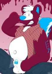 absurd_res anthro balls belly big_belly blush body_hair bottomwear bound bulge bulge_rubbing bursting_out bursting_out_of_clothing clothed clothing digital_media_(artwork) expansion fur genitals goo_(disambiguation) goo_transformation hair hi_res inflation latex latex_clothing latex_skinsuit lock_bulge lock_symbol male mammal mephitid null_bulge olidre olidre_(olidre) pants pool_toy simple_background skinsuit skunk smile solo tail tight_clothing torn_clothing transformation underwear white_body white_fur