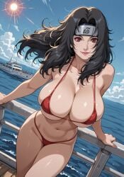 1girls ai_generated bangs beach big_breasts bikini bikini_bottom bikini_top black_hair breasts busty cleavage cruise_ship dock female female_only isaris-ai kurenai_yuhi lipstick long_hair makeup mature mature_female milf naruto naruto_(series) naruto_shippuden ocean outdoors pinup railing red_bikini red_eyes sand sea seaside shoulder_length_hair smile solo solo_focus standing swimsuit top_heavy top_heavy_breasts upper_body voluptuous voluptuous_female water yuuhi_kurenai