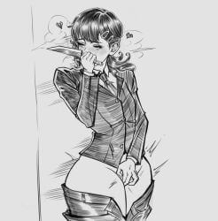 1girls ass big_ass black_hair blush chainsaw_man curvy dat_ass exposed exposed_hips female female_only fingering fingering_self franicman higashiyama_kobeni knife masturbating masturbation pants pants_down sketch solo suit suit_jacket thick_thighs thighs tied_hair wide_hips