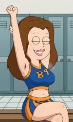 ai_generated american_dad armpits ass bigmic145 breasts brown_hair cheerleader crop_top female lisa_silver long_hair navel skirt solo solo_female sweat sweatdrop sweating tease teasing