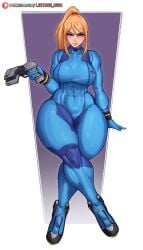 big_breasts blonde_female blonde_hair female female_only legs_crossed lettuce_uwu muscular_female samus_aran thick_thighs zero_suit_samus