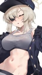 1girls absurdres belt black_coat black_gloves black_hat blue_archive blush breasts breath brown_hair closed_eyes coat eyepatch gloves grey_panties grey_sports_bra groin halo hat highres large_breasts medium_hair navel open_mouth panties sidelocks simple_background solo sports_bra sports_panties stomach suou_(blue_archive) sweat underwear undressing upper_body wakamepiza white_background