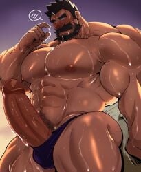 balls bara beard big_penis blush boner erection facial_hair kaeru333938123 male male_focus male_only muscles muscular pecs penis penis_out solo solo_male sweat sweating