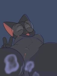 anthro black_body black_fur blep blossom_(fetch_with_ruff_ruffman) bodily_fluids breasts digital_media_(artwork) domestic_cat felid feline felis female fetch!_with_ruff_ruffman fur genital_fluids genitals gesture hand_gesture hi_res kimbies214 low-angle_view mammal nipples pbs pussy simple_background solo tongue tongue_out v_sign vaginal_fluids worm's-eye_view