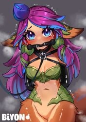 armbinder arms_tied_behind_back bdsm_collar bit_gag biyontran blush bondage bondage_gear boxbinder cleavage collar deer_taur drool drooling female gag gagged league_of_legends leash leash_and_collar leashed lillia_(league_of_legends) taur