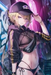 ai_generated bikini black_cap blonde_female curvy_body curvy_female evelyn_chevalier fanny_pack female_focus raaicave zenless_zone_zero