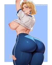 1girls alternate_version_available areolae ass big_ass big_breasts blonde_hair blue_eyes blue_lips blue_lipstick blue_pants blush bottomwear breasts breasts_out cetta_(cettadvd) ear_piercing earrings emma_frost emma_frost_(marvel_rivals) exposed_breasts female female_only gym_clothes gym_uniform hair huge_ass huge_breasts lips lipstick looking_back marvel marvel_comics marvel_rivals nipples pants ripped_pants shirt shirt_up short_hair solo solo_female thick_thighs thighs topwear white_shirt