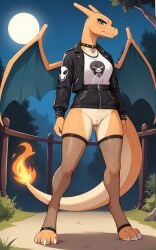 1girls 2025 ai_generated annoyed anthro blue_eyes charizard choker digitigrade eyeliner eyeshadow female female_only fire fishnet_legwear fishnets generation_1_pokemon goth goth_girl hi_res horns innie_pussy jacket low-angle_view moon night nintendo orange_body outdoors pokemon pokemon_(species) pussy shirt wings