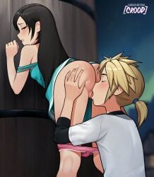 1boy aged_down artist_name ass black_hair blonde_hair blue_dress blush closed_eyes cloud_strife cunnilingus dress english_commentary female final_fantasy final_fantasy_vii final_fantasy_vii_remake grabbing_another's_ass groping highres long_hair loodncrood night night_sky oral outdoors panties panties_around_knees pink_panties ponytail red_eyes shirt short_hair short_ponytail sky tifa_lockhart tongue underwear water_tank white_shirt