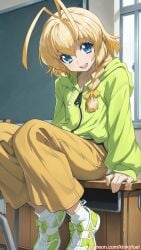 ai_generated anime_style blonde_hair blue_eyes blush braid classroom femboy femboy_focus fully_clothed green_jacket haiyore!_nyaruko-san hastur_(nyaruko-san) kinkyfuel open_mouth school_desk sitting smiling sneakers solo yellow_pants
