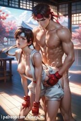 1boy 1girls abs ai_generated architecture artist_name bent_over black_hair breasts breasts_out brown_eyes brown_hair clothed_female_nude_male clothed_sex cum day doggy_style east_asian_architecture female fingerless_gloves gloves headband klexyai medium_breasts muscular muscular_male nipples nude open_mouth outdoors patreon pectorals red_gloves red_headband ryu_(street_fighter) sakura_kasugano sex sex_from_behind short_hair shorts standing standing_sex straight street_fighter tree wooden_floor