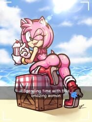 amy_rose ass ass_focus back bare_legs beach bikini_bottom bikini_top biniki boots from_behind gloves green_eyes hairband halfgalaxy heart huge_ass ice_cream legs marriage_ring married_couple medium_hair petite pink_fur pink_hair pov red_bikini sand sea sega sonamy sonic_(series) sonic_the_hedgehog sweat tail wink young young_female