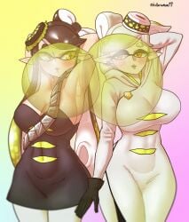 2girls alternate_costume arms_behind_head arms_up artist_name black_gloves blush breasts bubble_gum bubblegum callie_(alterna) callie_(splatoon) cleavage covered_navel female gloves hair hair_ornament hotaruman97 inkling inkling_girl large_breasts long_hair marie_(alterna) marie_(splatoon) mole mole_under_eye nintendo official_alternate_costume pointy_ears short_hair splatoon splatoon_3 splatoon_3:_return_of_the_mammalians tentacle_hair two_tone_hair yellow_eyes