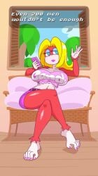 1girls anthro ass big_ass big_breasts big_butt blonde_hair blue_eyes breast breasts brown_fur candy_kong cellphone chimpanzee clothing crossed_legs curvy donkey_kong_(series) donkey_kong_country hourglass_figure humanoid legs_crossed legs_together lipstick long_hair looking_at_viewer makeup memoji minus8 nintendo relaxing shorts sitting solo solo_female talking_to_viewer text thick_thighs topwear voluptuous