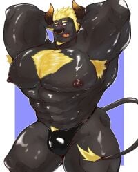 anthro armpit armpit_hair armpits balls bara big_pecs bovid bulge bull flaccid furry hands_behind_head kaeru333938123 male male_only muscles muscular pecs penis solo solo_male