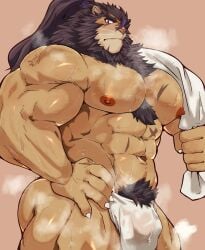 anthro balls bara bulge flaccid fundoshi furry kaeru333938123 lion live-a-hero male male_only muscles muscular musk pecs penis solo solo_male sweat sweating toshu_(live_a_hero)