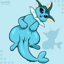 anus blue_body digital_media_(artwork) eeveelution female feral fin frill_(anatomy) generation_1_pokemon genitals head_fin long_tail looking_at_viewer low_res lying mammal neck_frill nintendo on_back pankatares pawpads paws pixel_(artwork) pokemon pokemon_(species) presenting presenting_pussy pussy signature simple_background solo tail vaporeon