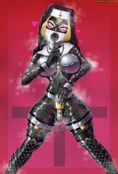 1girls blonde_hair chains chastity_belt chastity_bra chastity_device collar female female_chastity female_only femsub fully_clothed gloves green_eyes latex latex_clothing latex_gloves lock metal_collar nun nun_outfit padlock png shiny_clothes thigh_cuffs tight_clothing yokuboart