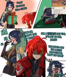 1boy 1girls adjusting_eyewear black-framed_eyewear black_hair blue_eyes blush box cleavage_cutout comic diluc_(genshin_impact) english_text female genshin_impact gift gift_box glasses gloves green-framed_eyewear hair_ornament hand_on_eyewear holding_gift hoyoverse long_hair male mihoyo mikeydestituido opaque_glasses open_mouth red_eyes red_hair smile tagme xianyun_(genshin_impact)